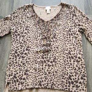Chico's Beige Leopard Print Sequin V-Neck Top
